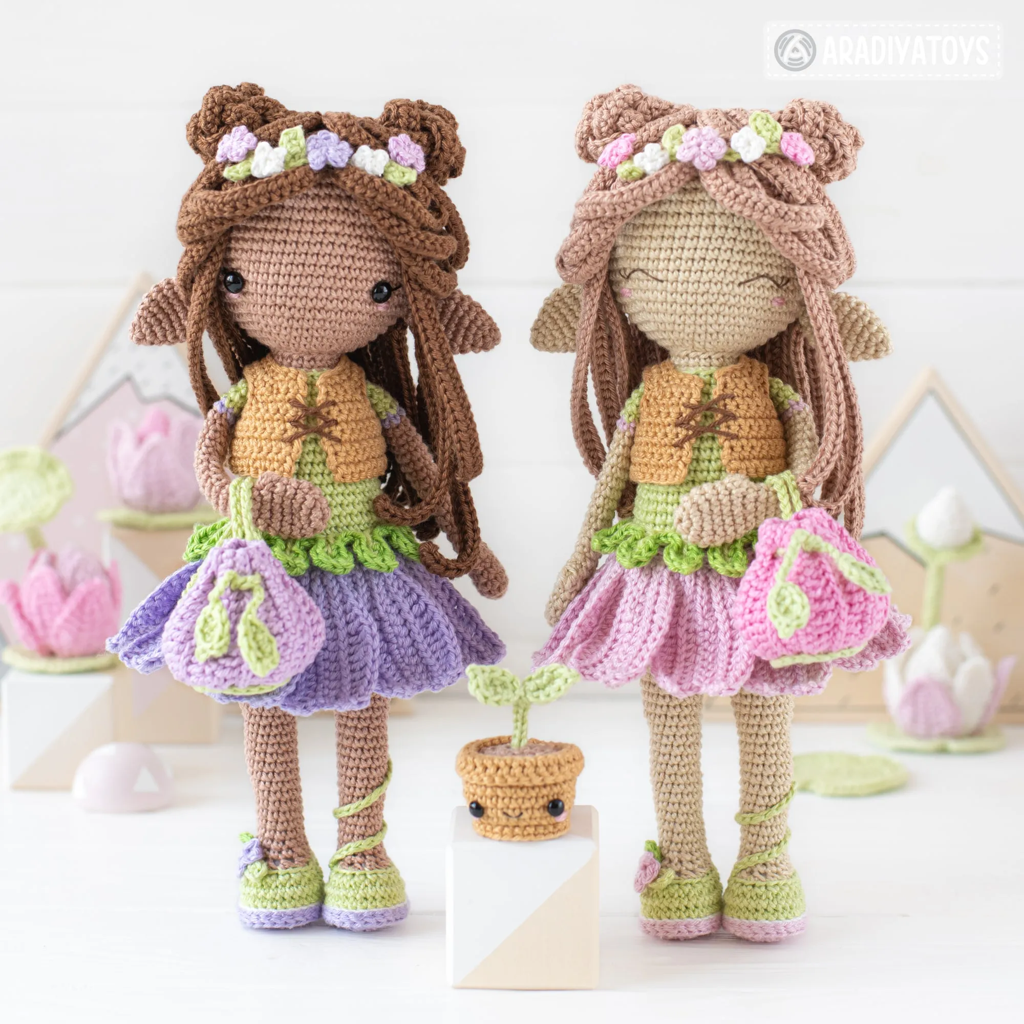 Friendy Luna with Kawaii Sprout from "AradiyaToys Friendies" collection / crochet doll pattern (Amigurumi tutorial PDF file), elf doll dress