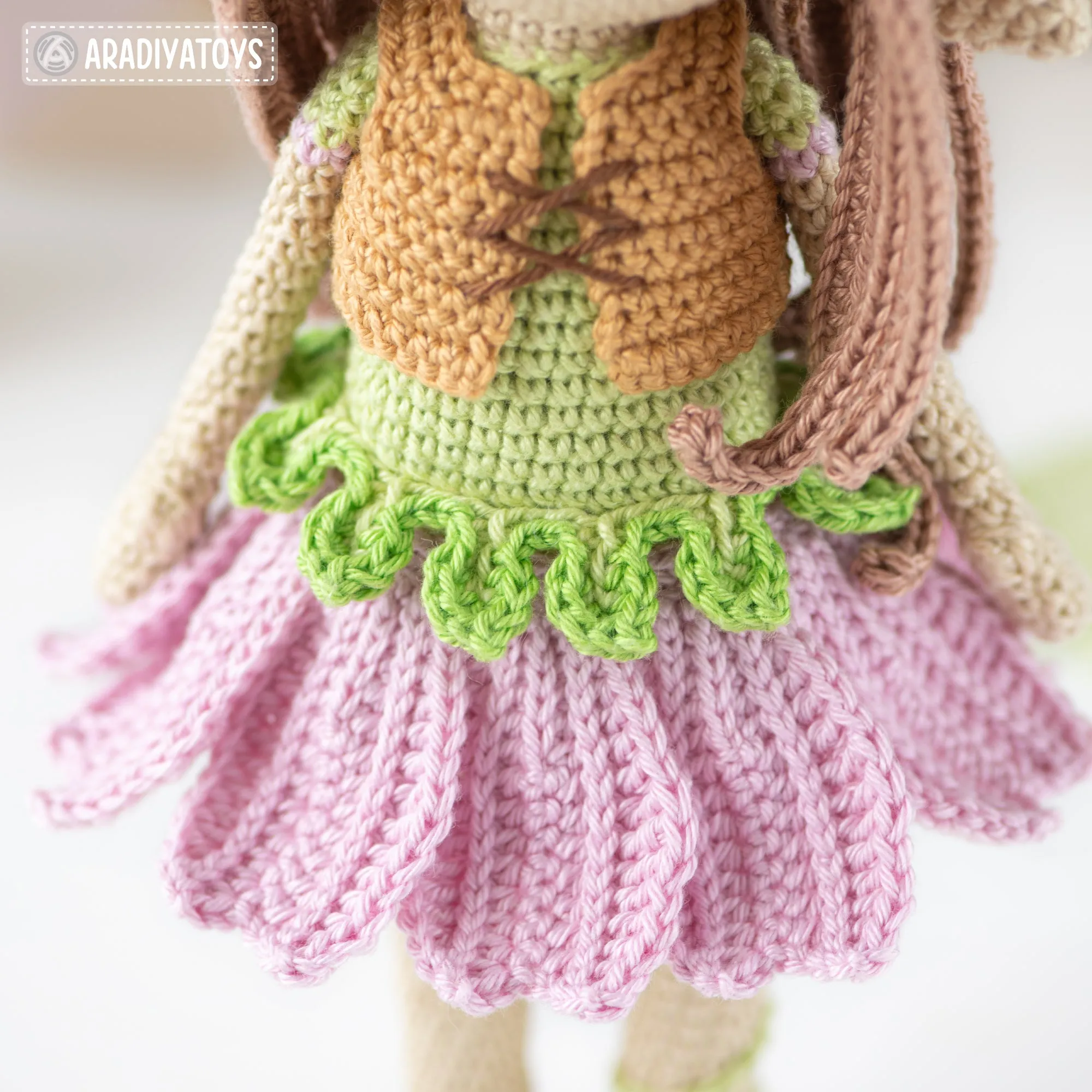 Friendy Luna with Kawaii Sprout from "AradiyaToys Friendies" collection / crochet doll pattern (Amigurumi tutorial PDF file), elf doll dress