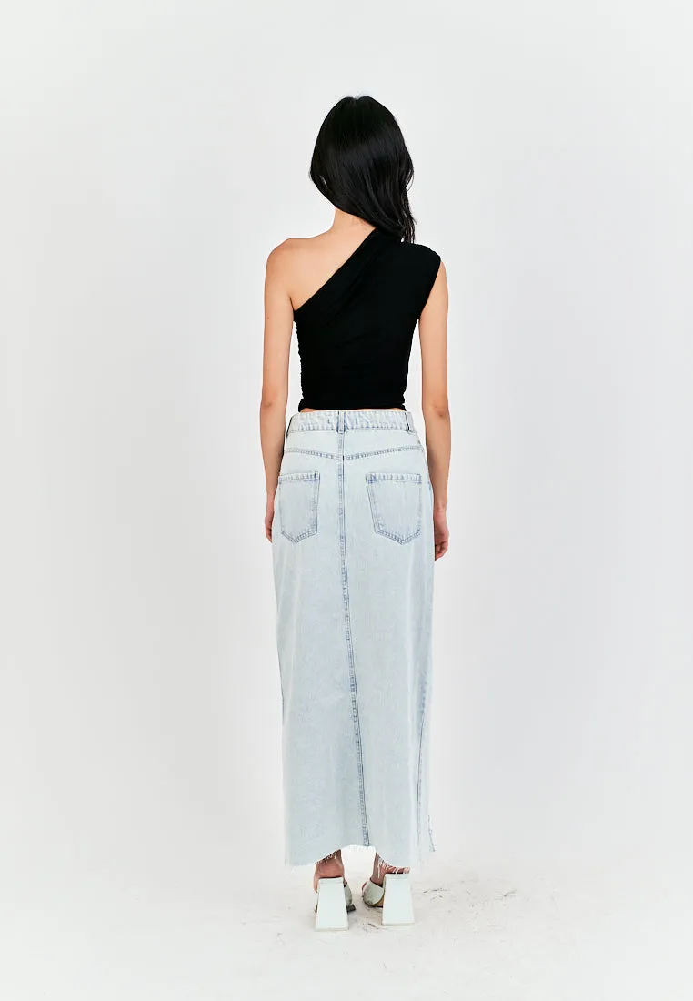 Genette Light Blue Denim Zipper Fly Front Slit Midi Skirt with Pockets