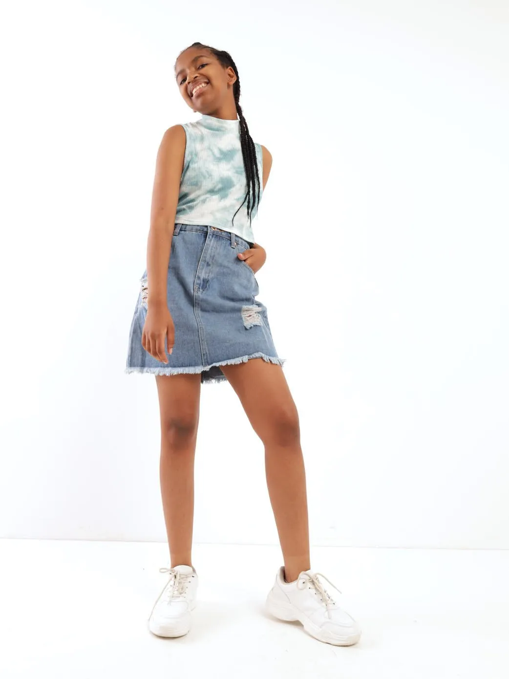 Girls Fray Hem Denim Skirt - Light Blue