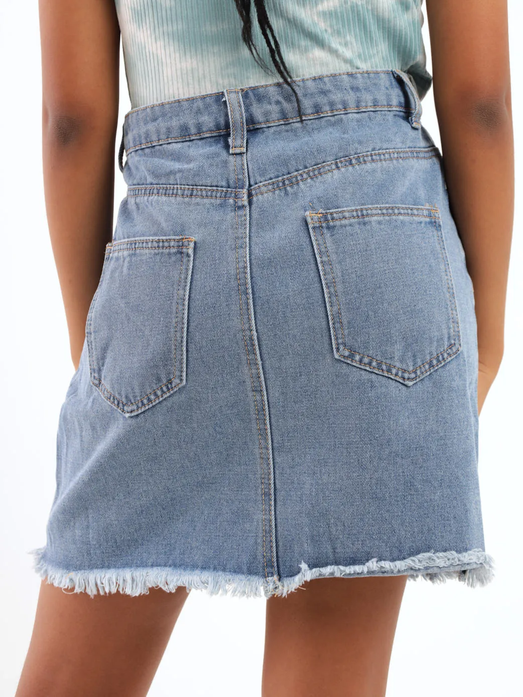 Girls Fray Hem Denim Skirt - Light Blue