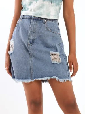 Girls Fray Hem Denim Skirt - Light Blue