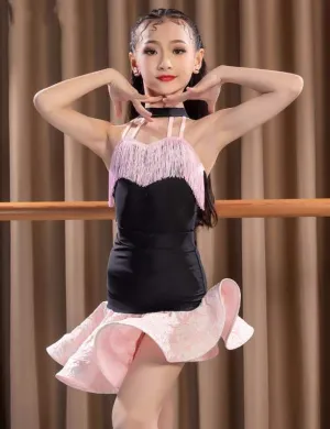 Girls light pink fringe latin dance dresses kids children girls  Latin dance costumes Girls practice performance irregular skirts for children
