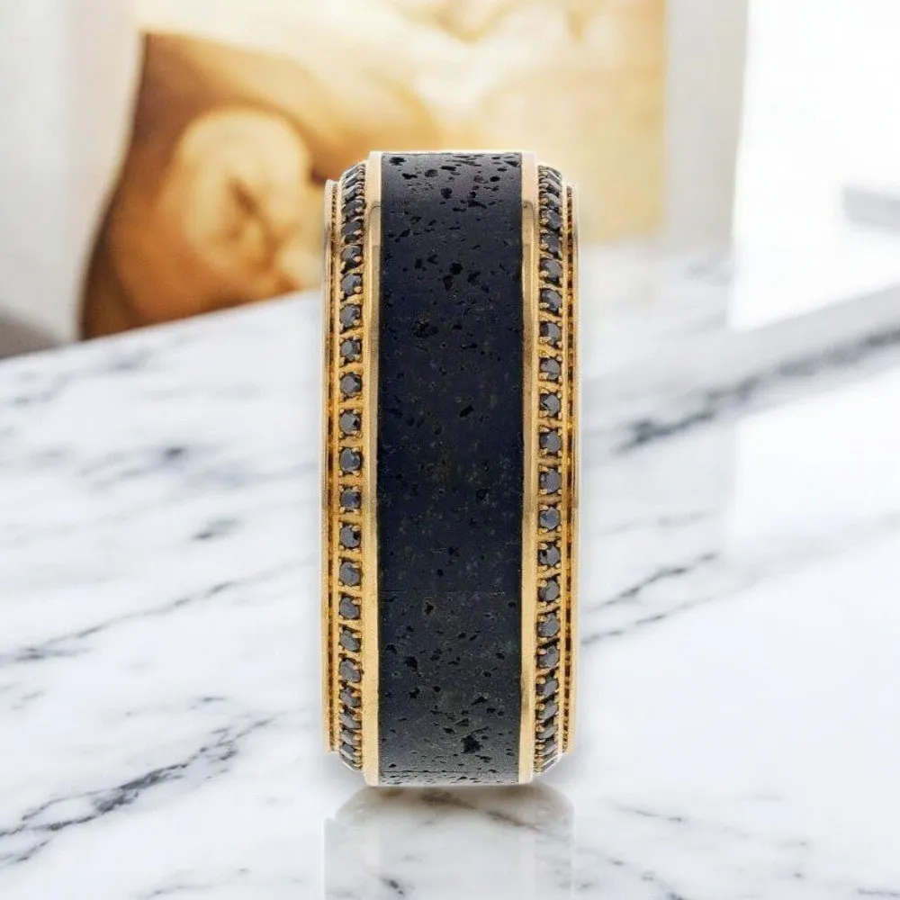 HYPERION | 10K Yellow Gold Wedding Band, Lava Inlay & Black Diamonds