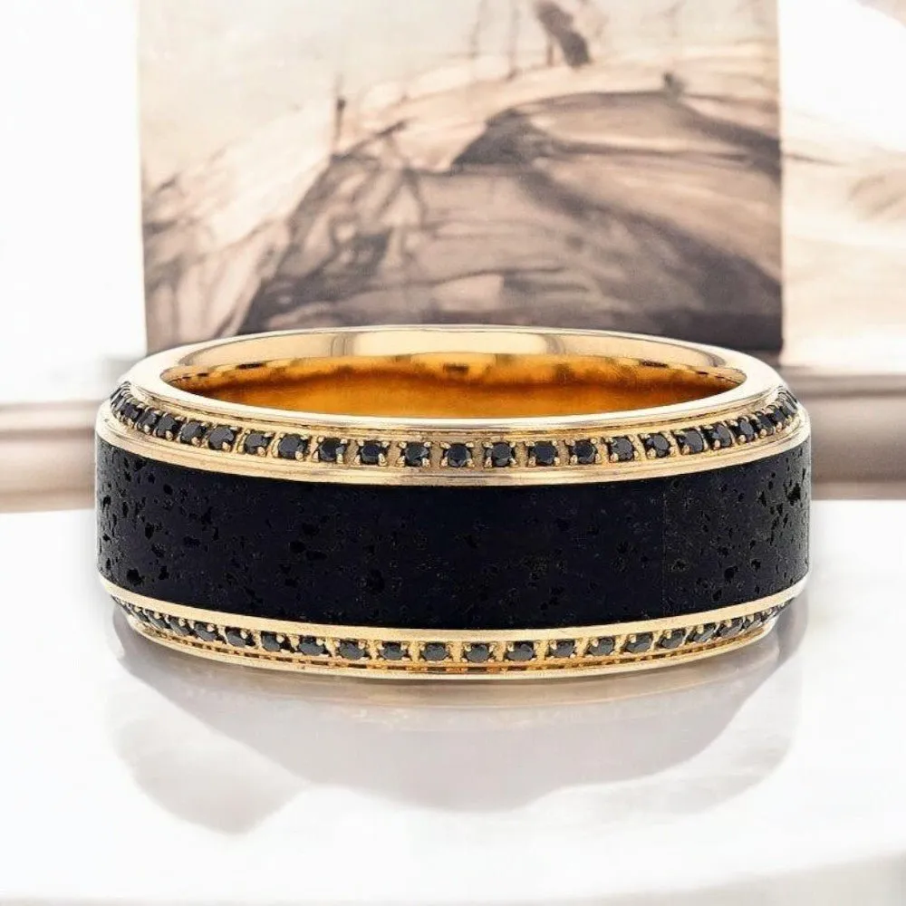HYPERION | 10K Yellow Gold Wedding Band, Lava Inlay & Black Diamonds