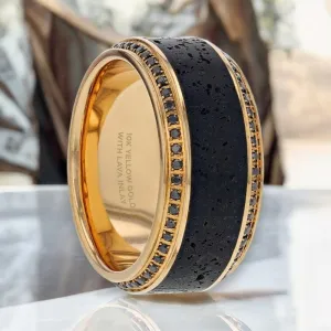 HYPERION | 10K Yellow Gold Wedding Band, Lava Inlay & Black Diamonds