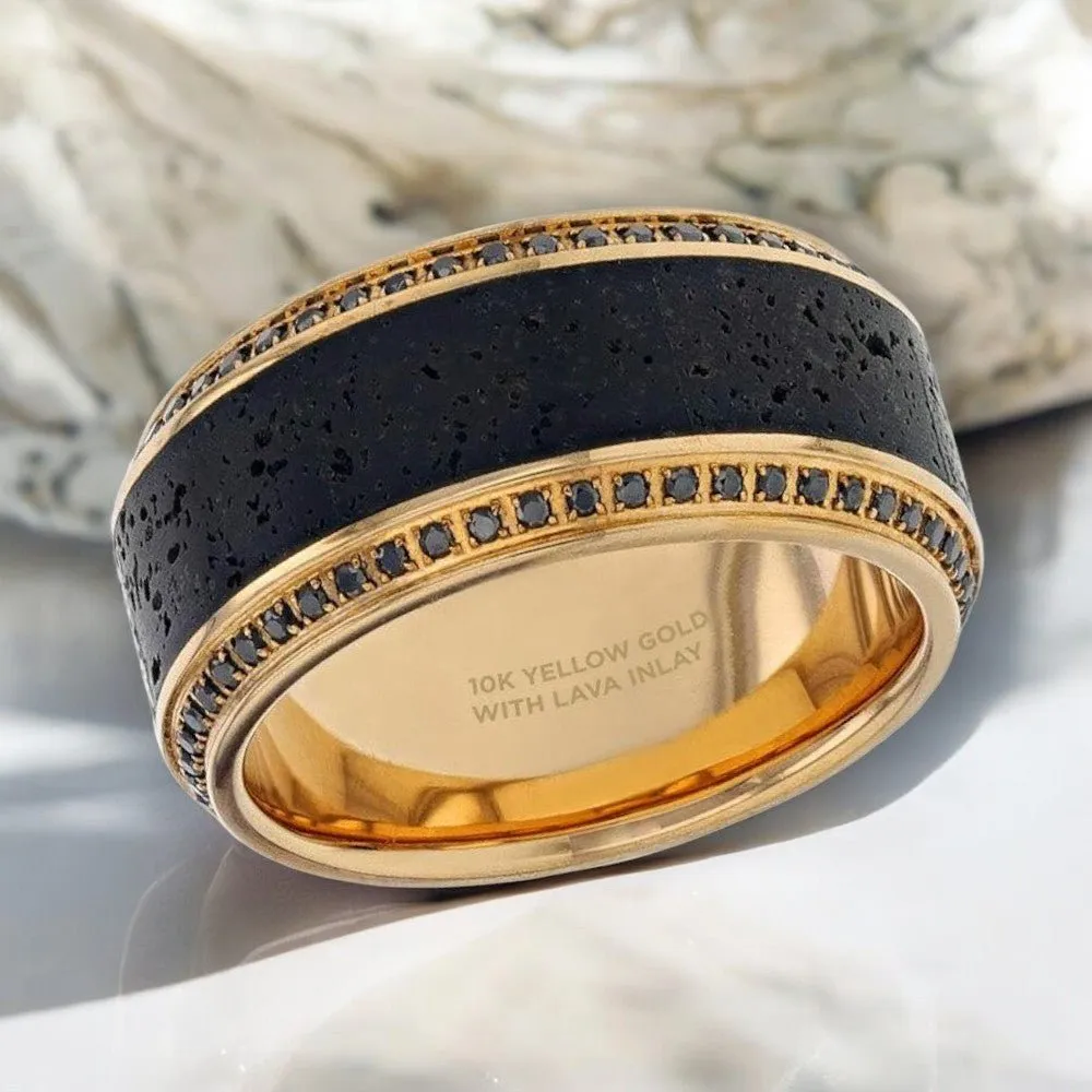HYPERION | 10K Yellow Gold Wedding Band, Lava Inlay & Black Diamonds