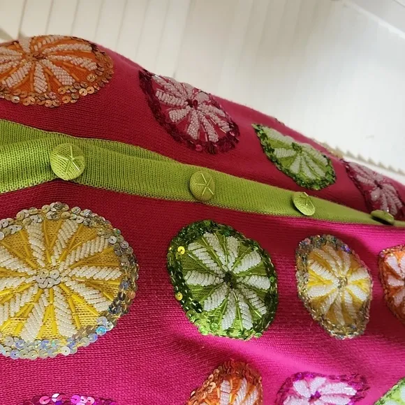 Jack B. Quick VTG 90s Beaded Sequin Cardigan Size M Pink Lime and Orange