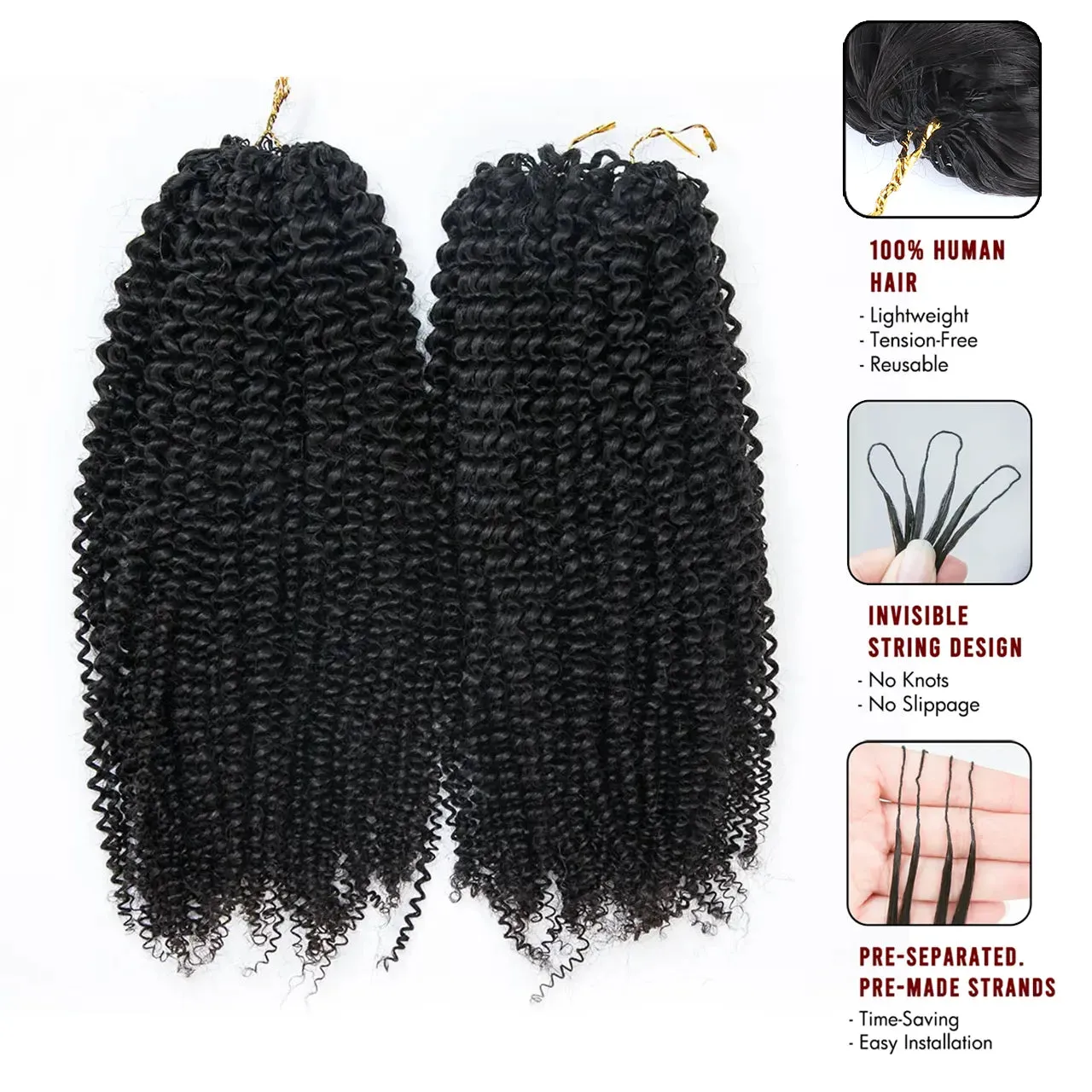 Knotless Pre-Separated Feather Crochet Hair Extension Afro Kinky Curly Human Hair