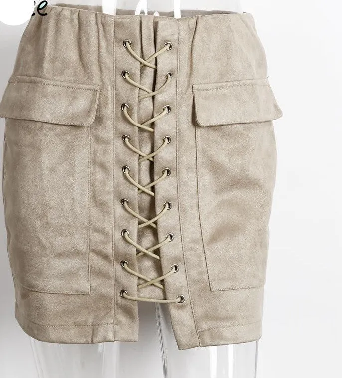 lace up suede leather women skirt 90's Vintage pocket preppy short skirt Winter high waist casual skirts