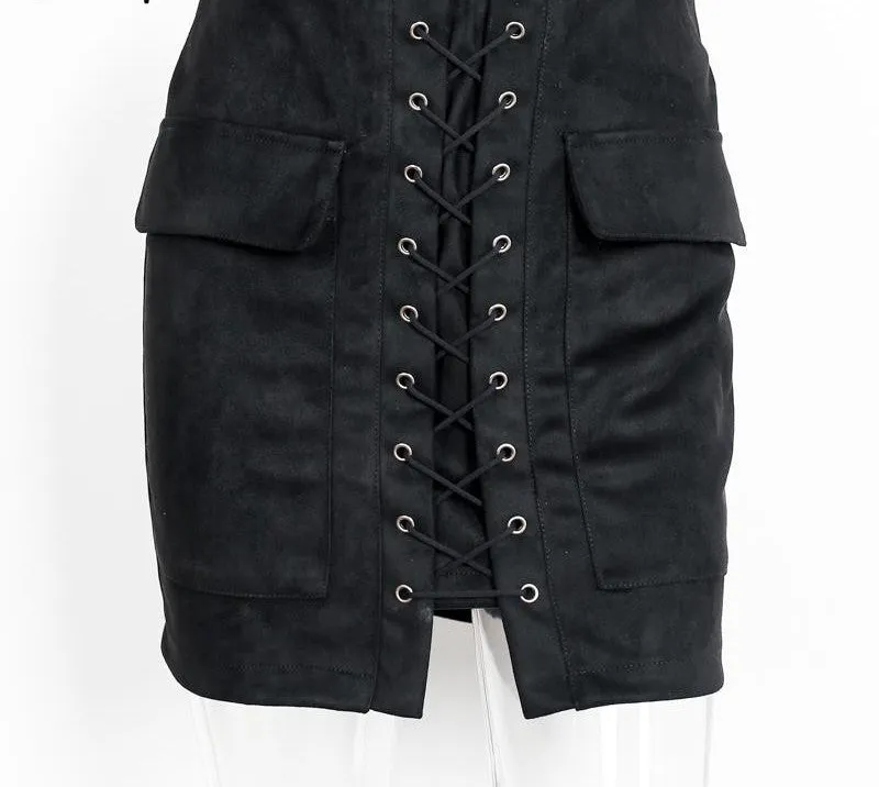 lace up suede leather women skirt 90's Vintage pocket preppy short skirt Winter high waist casual skirts