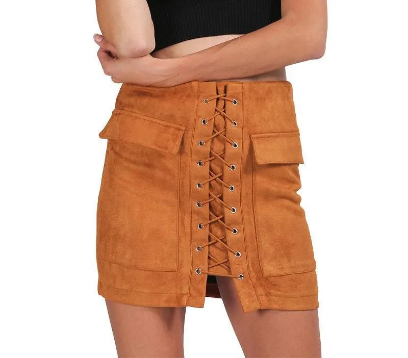 lace up suede leather women skirt 90's Vintage pocket preppy short skirt Winter high waist casual skirts