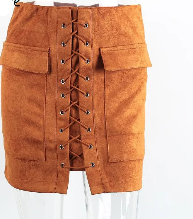 lace up suede leather women skirt 90's Vintage pocket preppy short skirt Winter high waist casual skirts