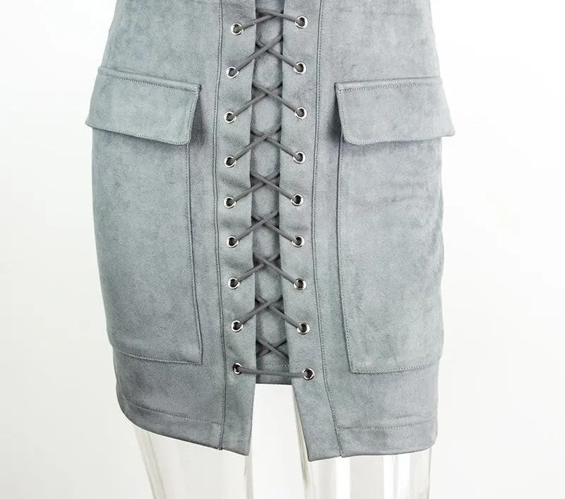 lace up suede leather women skirt 90's Vintage pocket preppy short skirt Winter high waist casual skirts