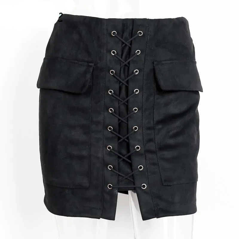 lace up suede leather women skirt 90's Vintage pocket preppy short skirt Winter high waist casual skirts