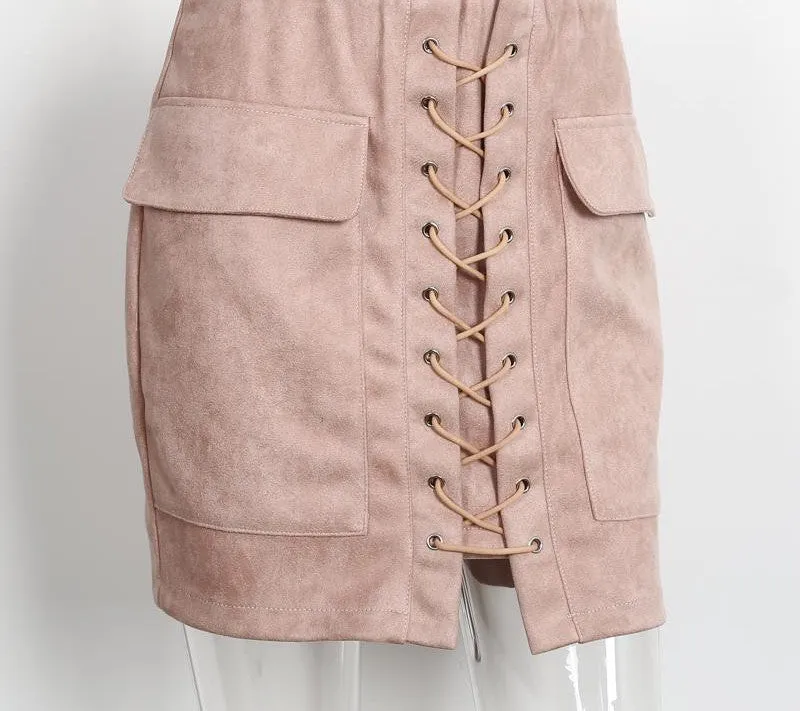 lace up suede leather women skirt 90's Vintage pocket preppy short skirt Winter high waist casual skirts