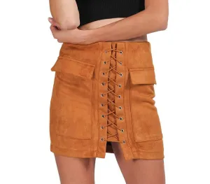 lace up suede leather women skirt 90's Vintage pocket preppy short skirt Winter high waist casual skirts