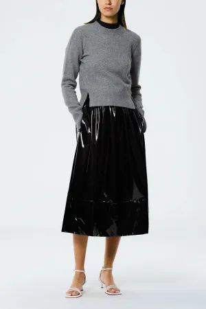 Light Weight Stretch Patent Smocking Waistband Full Skirt in Black