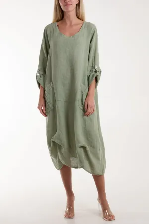 Linen Tied Hem Pockets Dress