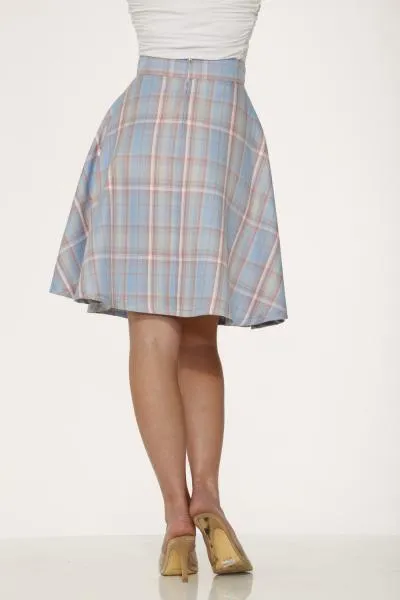 Long Plaid Skirt with Pockets - Light Blue -