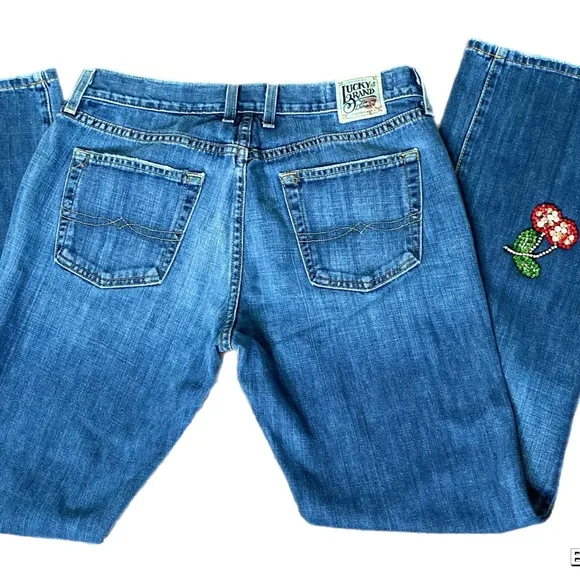 Lucky Brand Luxury Denim  By Gene M Sz.10/30 Made In USA Cherry Rhinestones