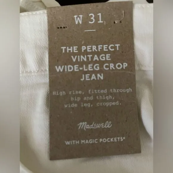Madewell NWT Perfect Vintage Wide Leg Crop Jeans Size 31 High Rise in Tile White