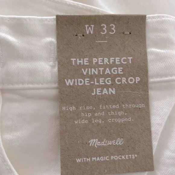 Madewell NWT Perfect Vintage Wide Leg Crop Jeans Size 33 High Rise in Tile White