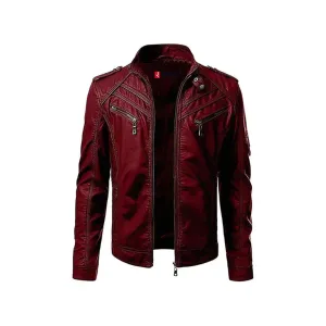 Men's Original Leather Jacket “ Front Zipper, Band Collar, Four Zipper Pockets