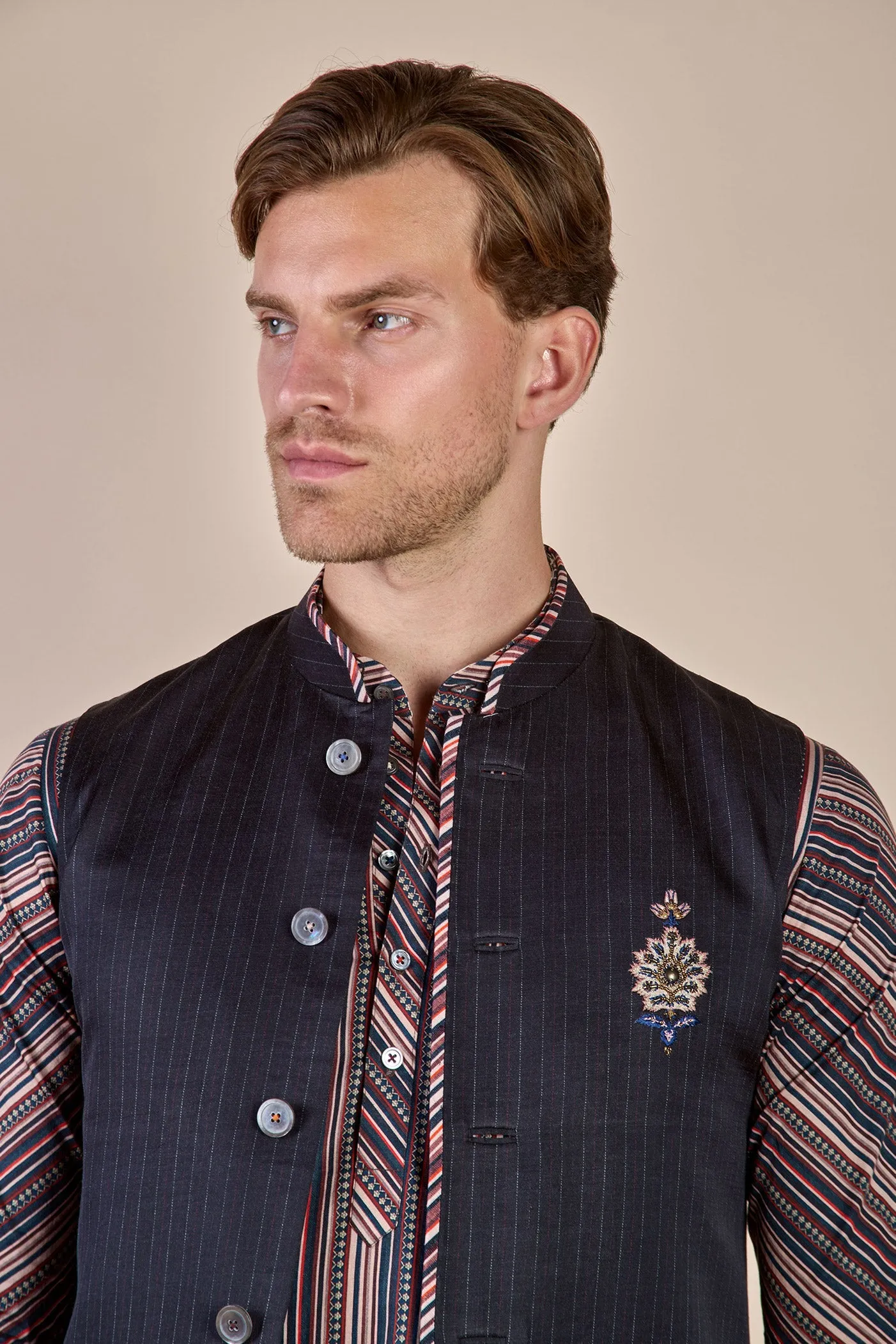 Midnight Blue Pin Striped Nehru Jacket