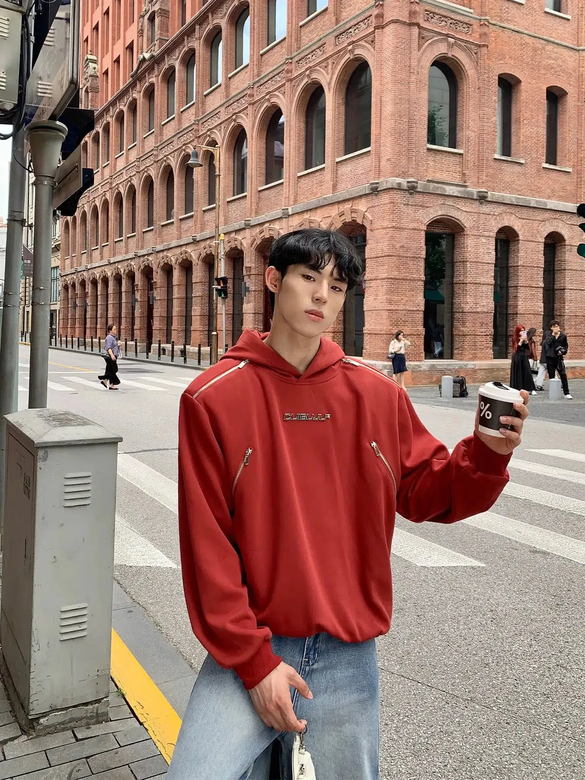 Multi-Zipper Padded Shoulder Hoodie