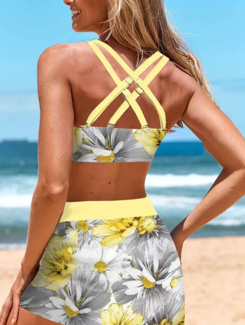 NEW MODLILY® Bowknot Floral Print Light Yellow Bikini Set, Sz L, Retails $82