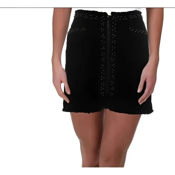 NEW Pistola beaded frayed denim mini skirt black 26 2 NWT