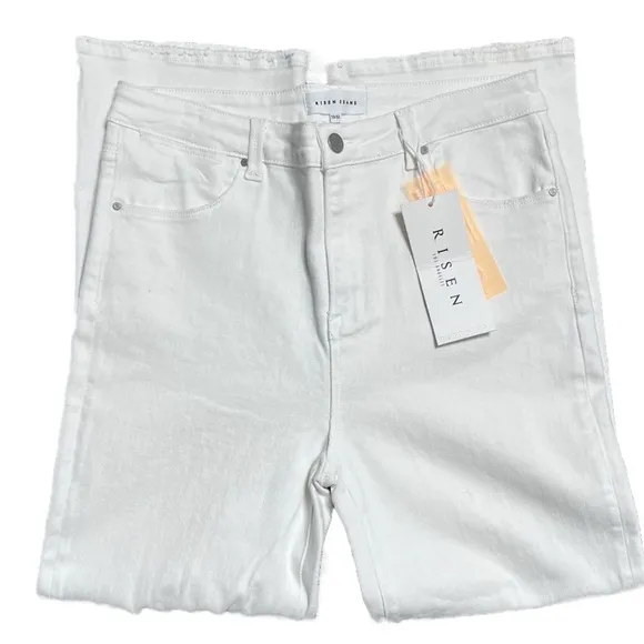 New with Tags Risen Women's White Denim Wide Leg High Waist Distressed Jeans