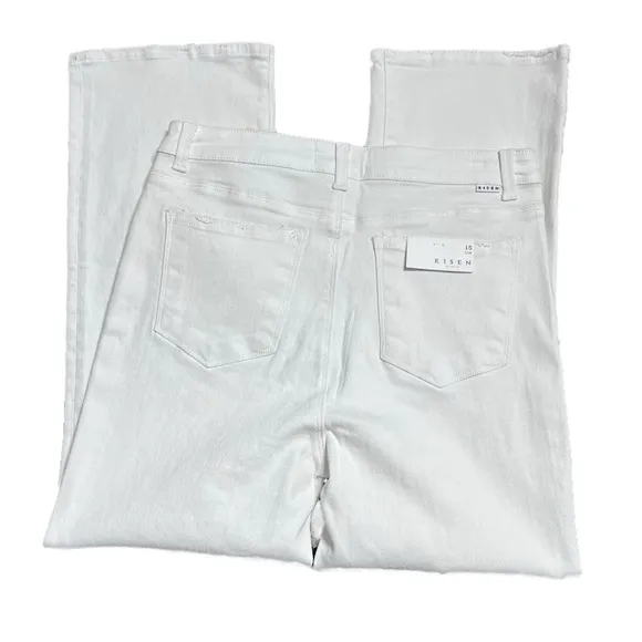 New with Tags Risen Women's White Denim Wide Leg High Waist Distressed Jeans