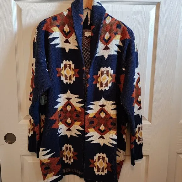 NWOT Lucky Brand Womens Aztec Shawl Collar Open Front Sweater