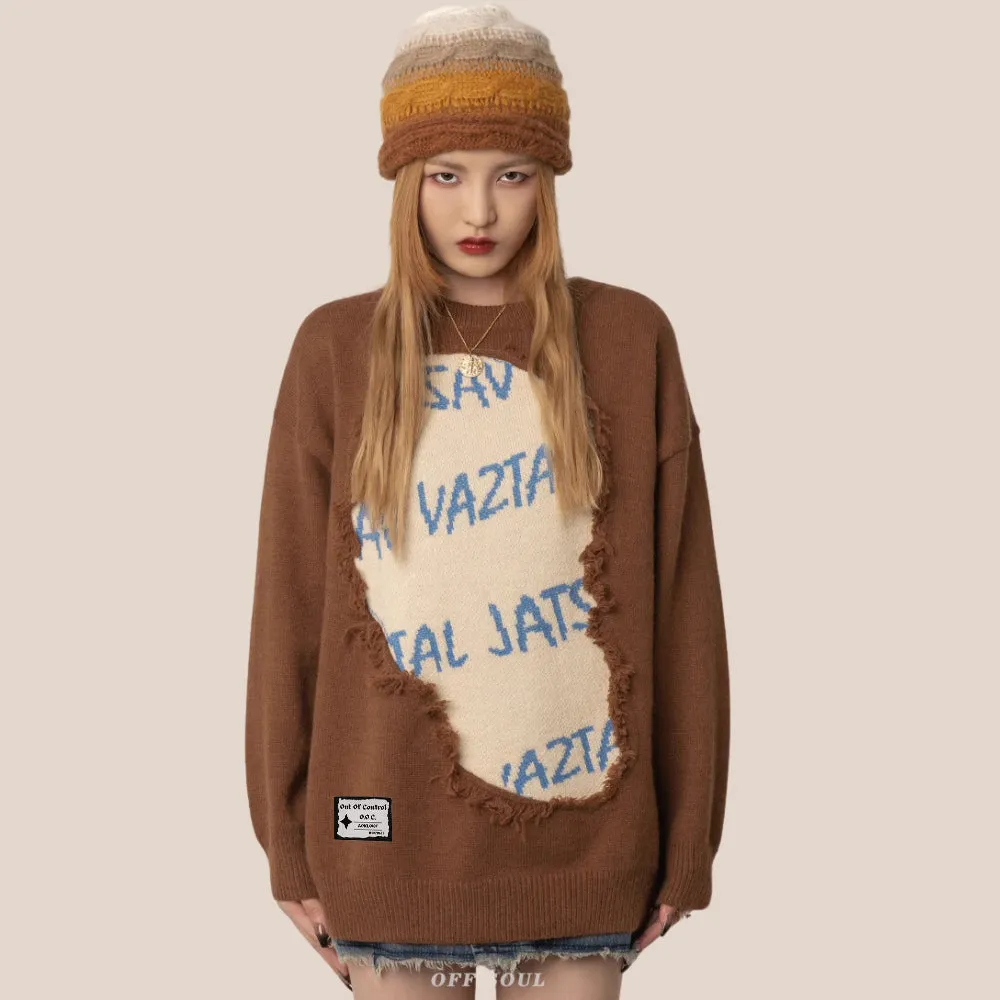 ⚡OOC' High Street Ripped Letter Patch Sweater