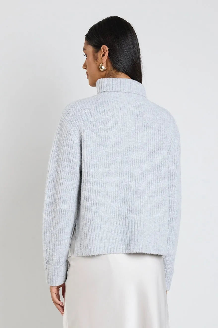 Penelope Light Grey Marle Roll Neck Knit Jumper