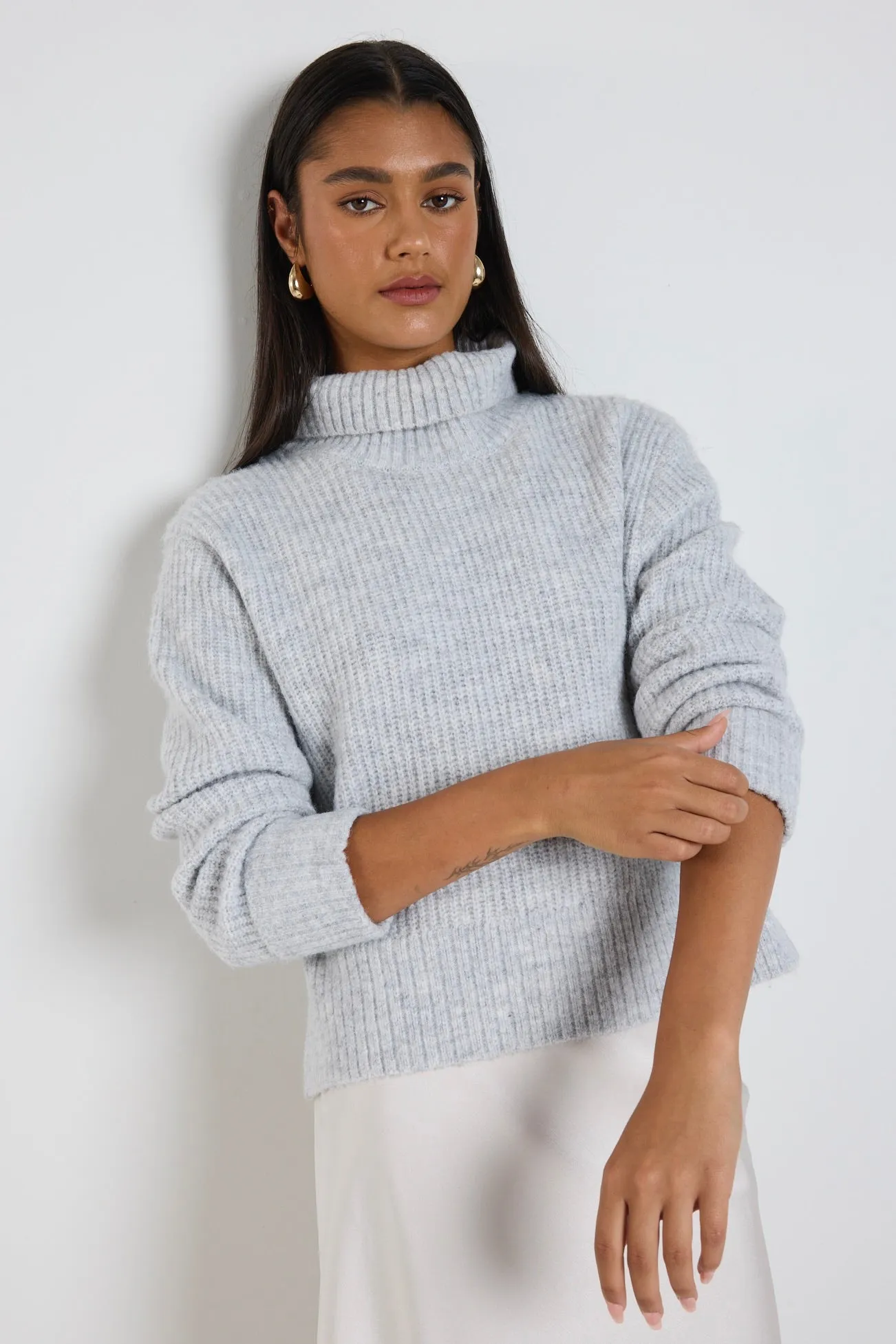 Penelope Light Grey Marle Roll Neck Knit Jumper