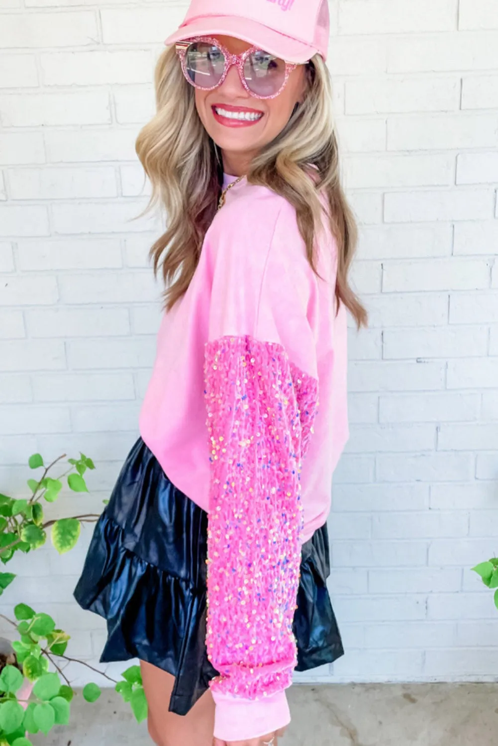 Pink Sequin Long Sleeve Crewneck Top
