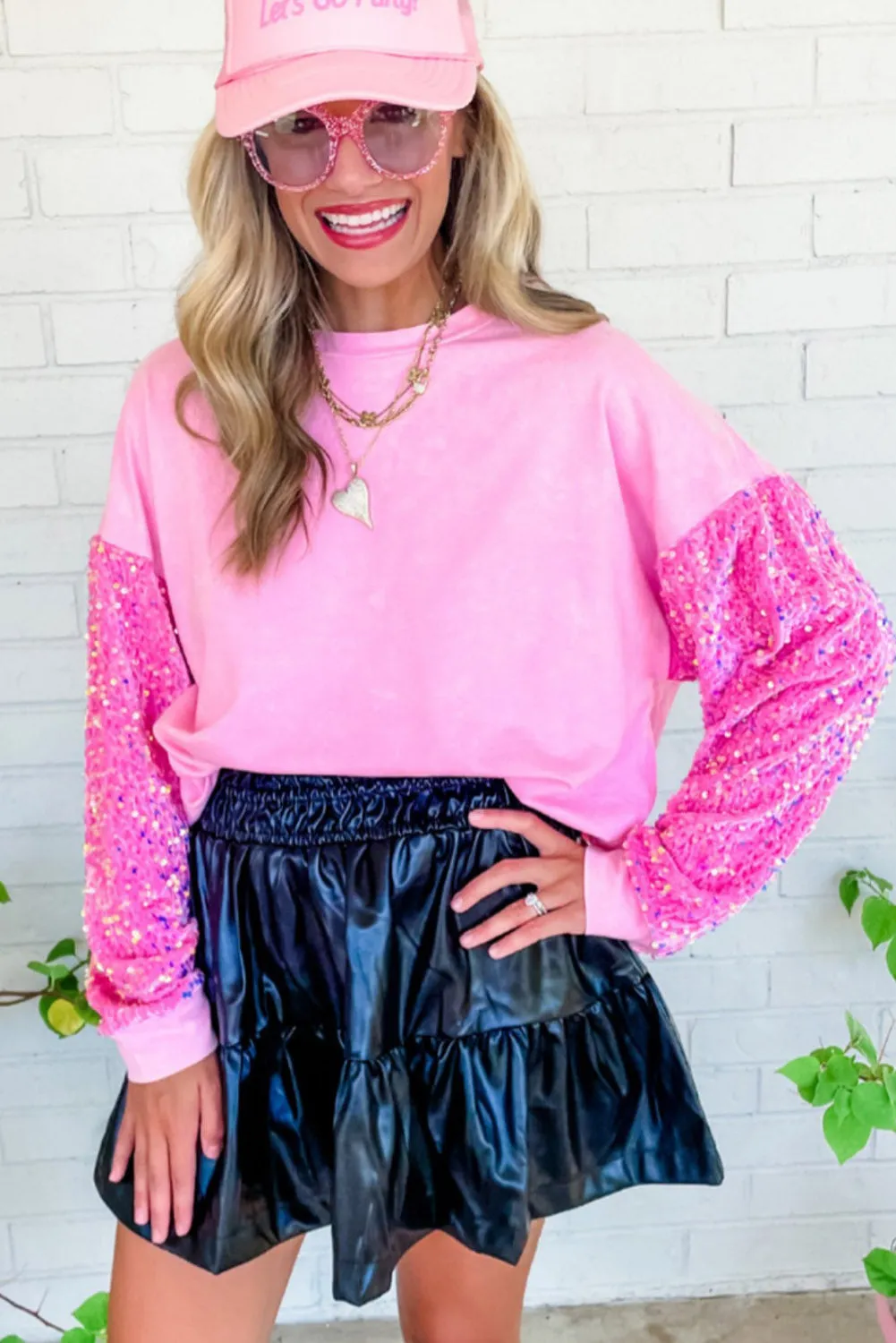 Pink Sequin Long Sleeve Crewneck Top