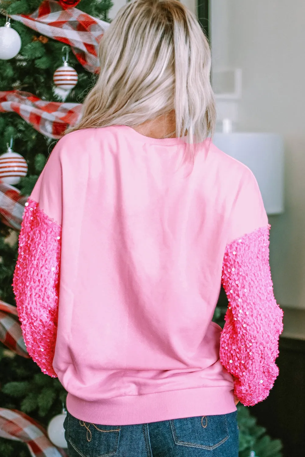 Pink Sequin Long Sleeve Crewneck Top
