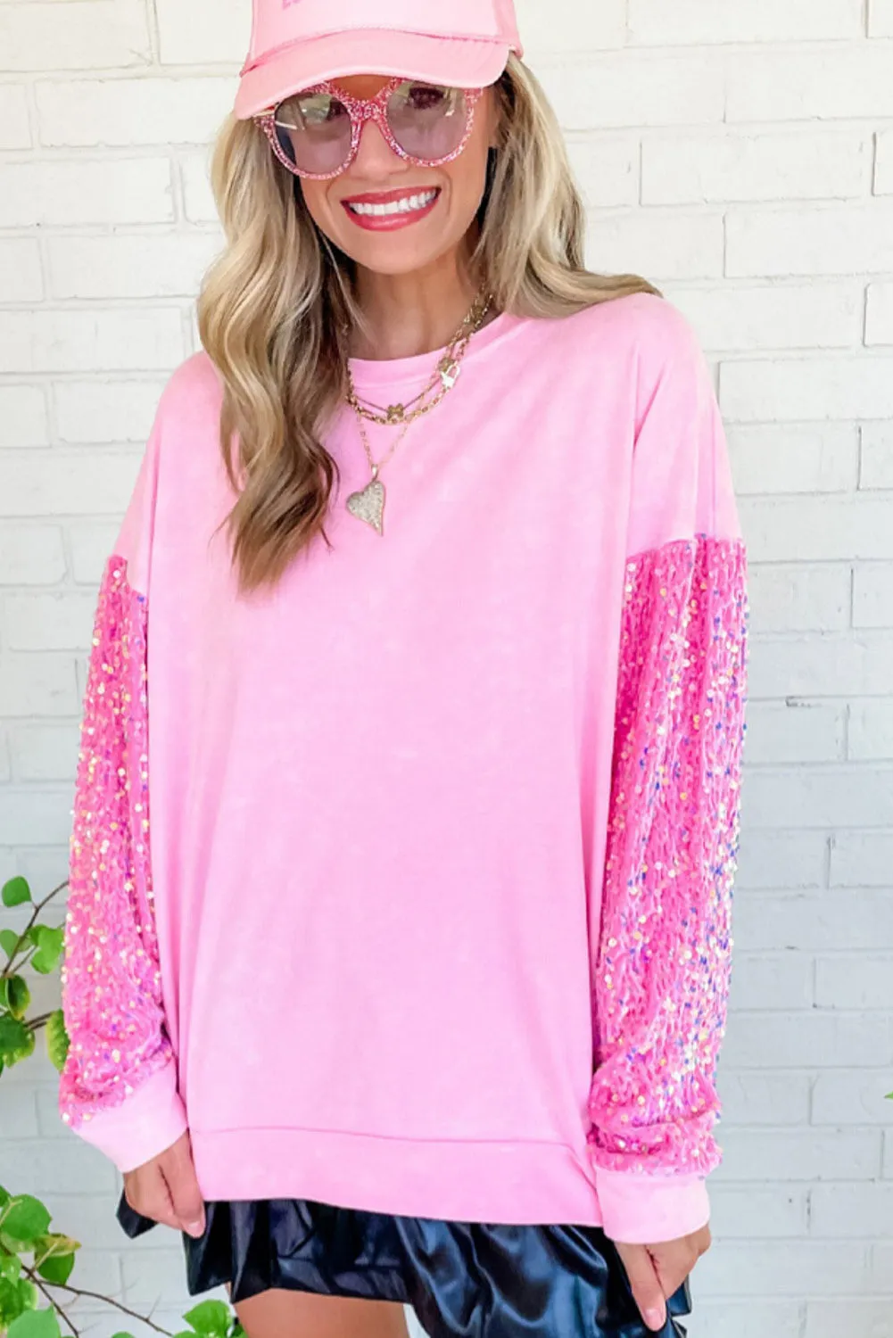 Pink Sequin Long Sleeve Crewneck Top