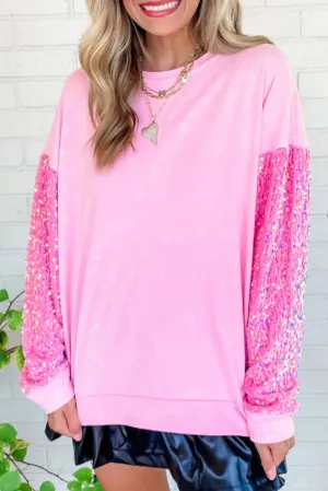 Pink Sequin Long Sleeve Crewneck Top
