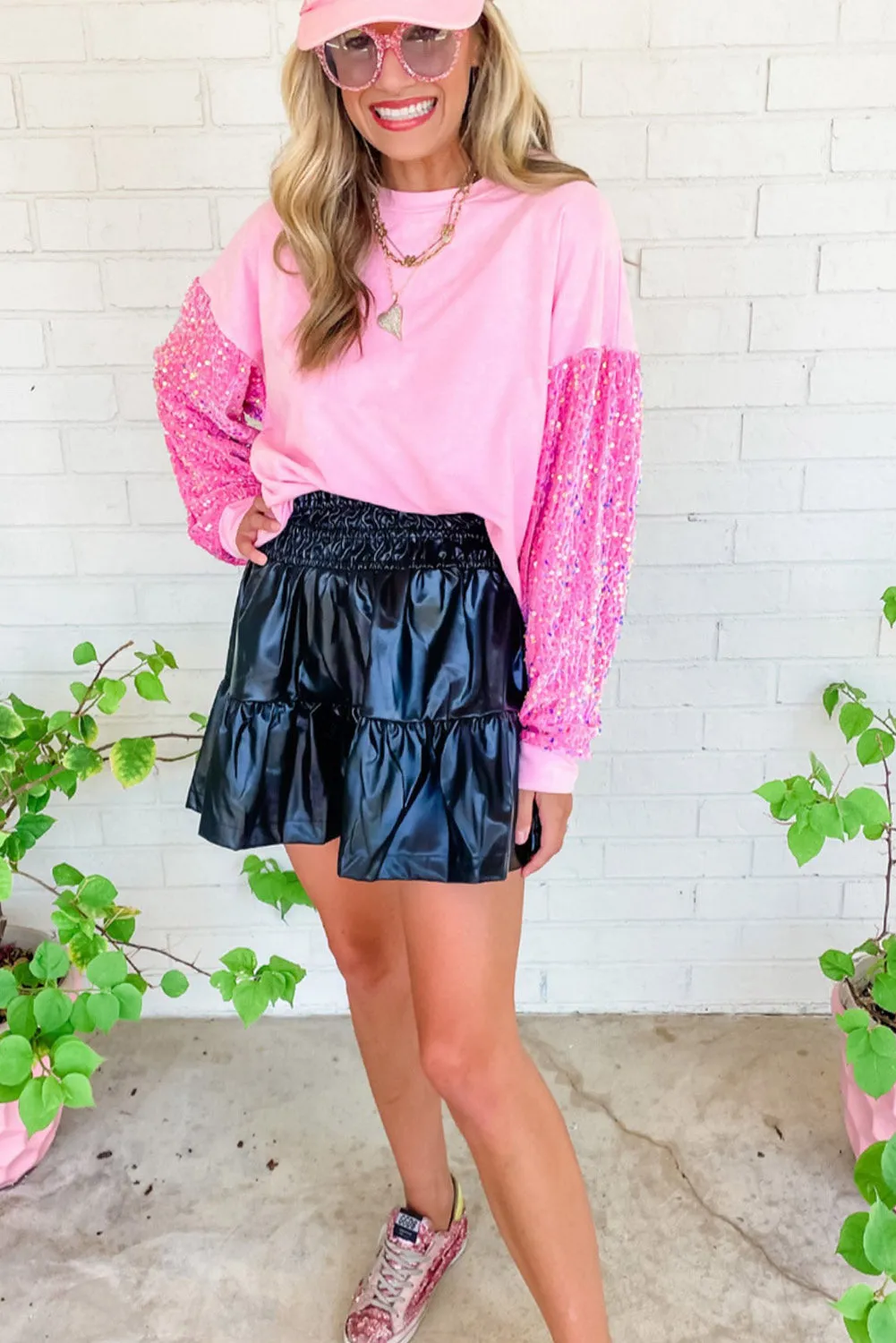 Pink Sequin Long Sleeve Crewneck Top