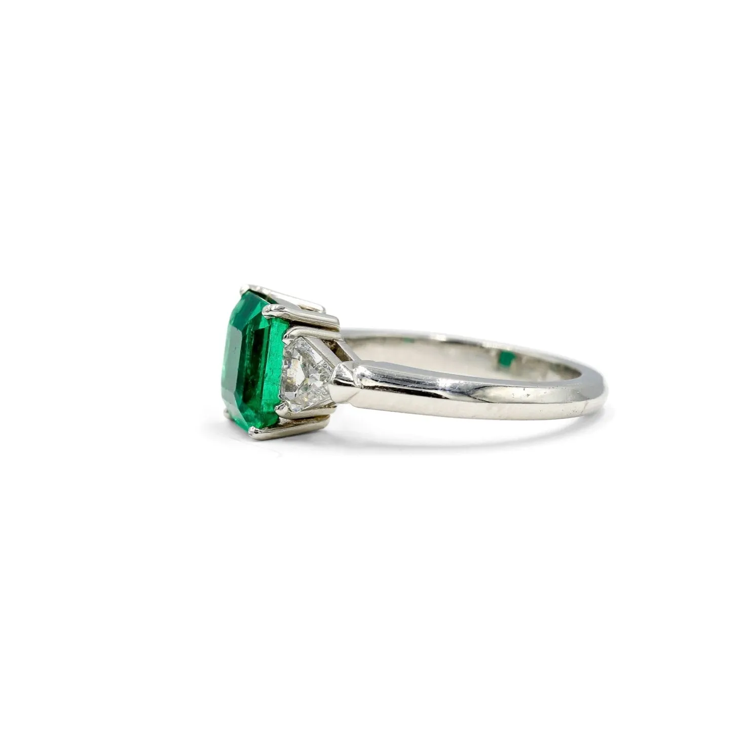 Platinum 2.93ct Vintage Emerald & Diamond 3-Stone Ring