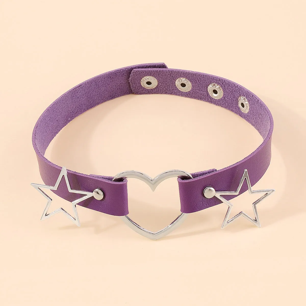 Purple Polystyrene & Silver-Plated Star Heart Choker Necklace