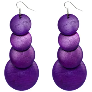 Purple Wooden Round Disc Cascade Earrings