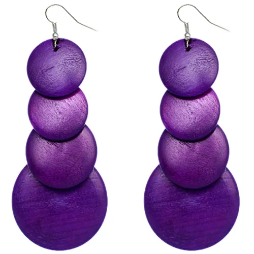 Purple Wooden Round Disc Cascade Earrings