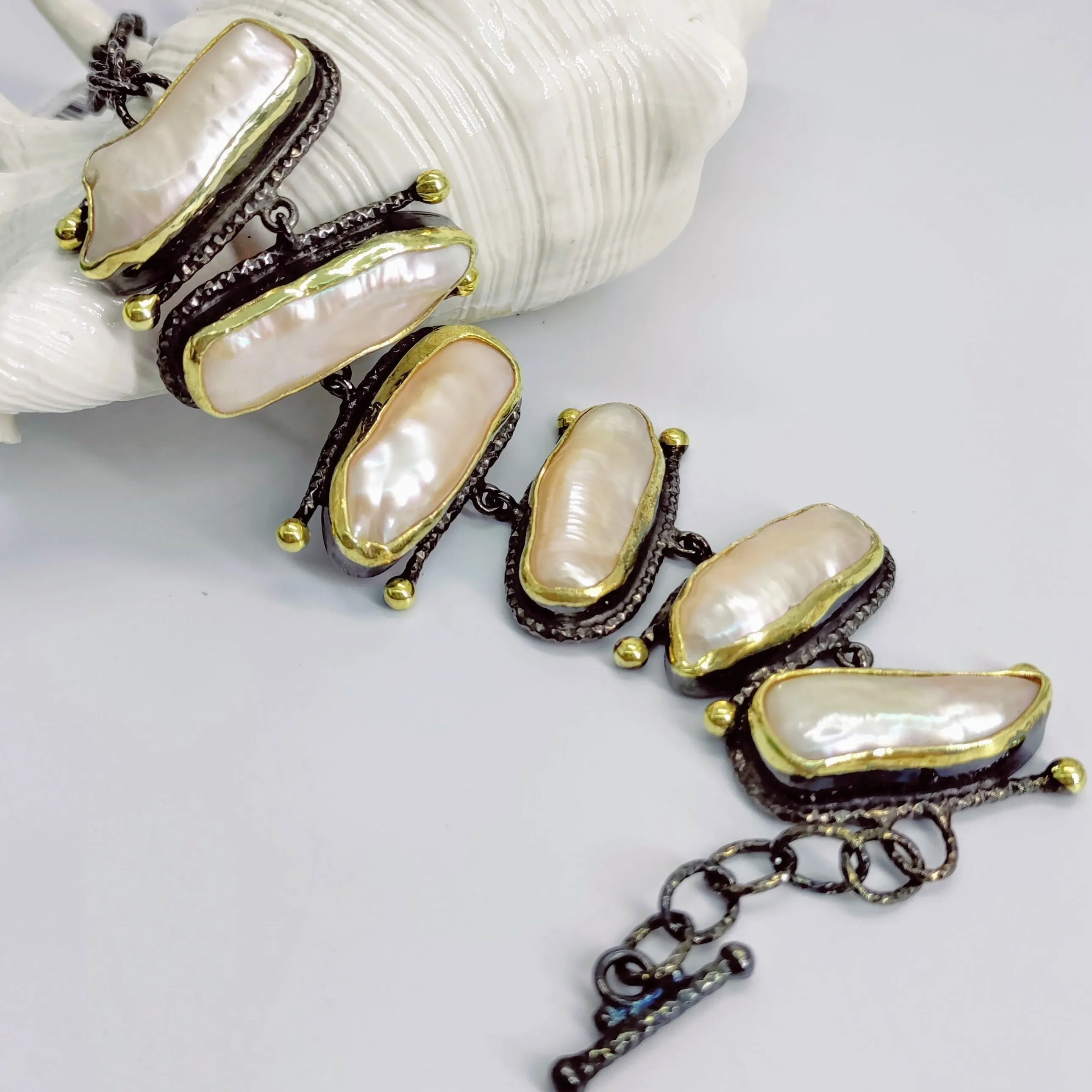 "Pretty Sticks" 7.5-8" Bracelet - Stick Pearls, Black Sterling, 18K