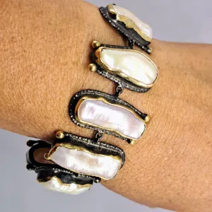 "Pretty Sticks" 7.5-8" Bracelet - Stick Pearls, Black Sterling, 18K